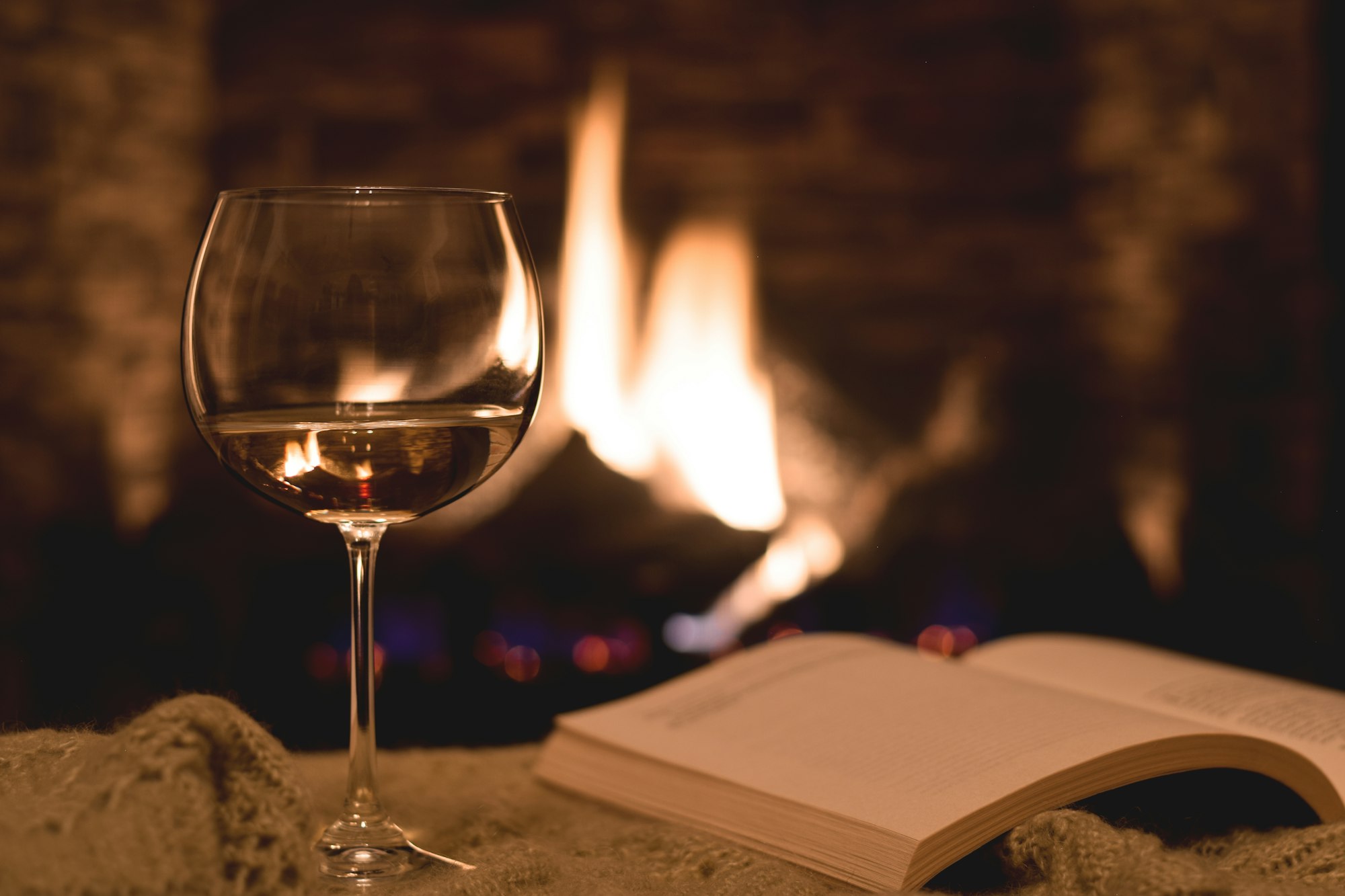 Wine glass and an open book in front of a fireplace