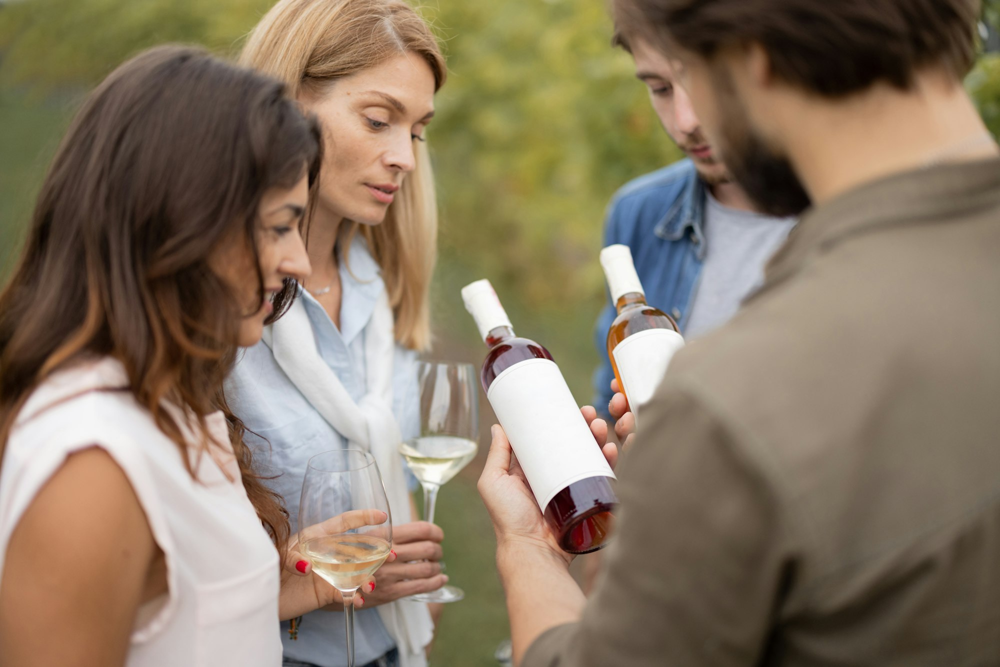 Friends tasting wine near vineyards in countryside